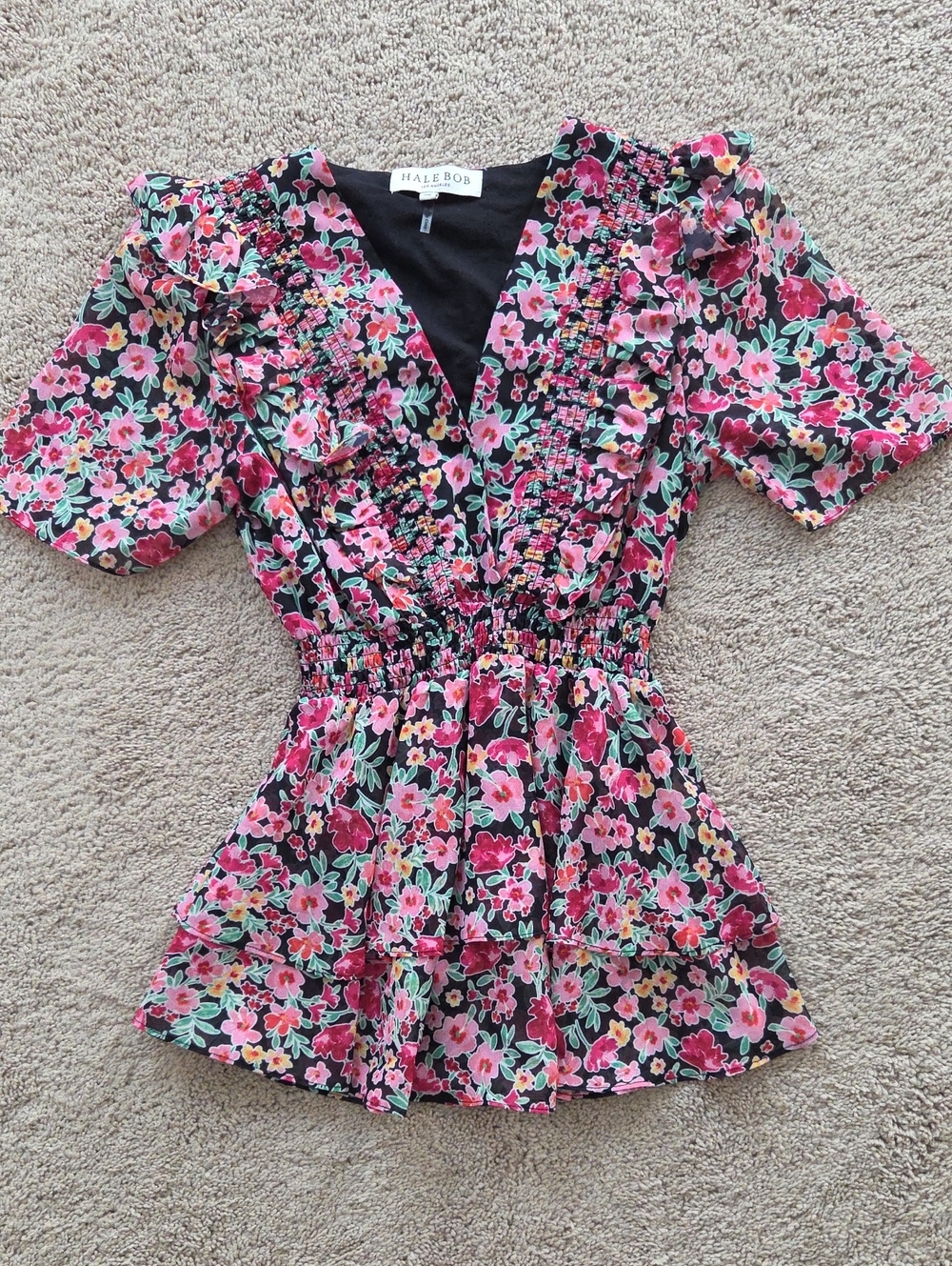 Hale Bob Black Floral Ruffle V-Neck Smocked Waist Top